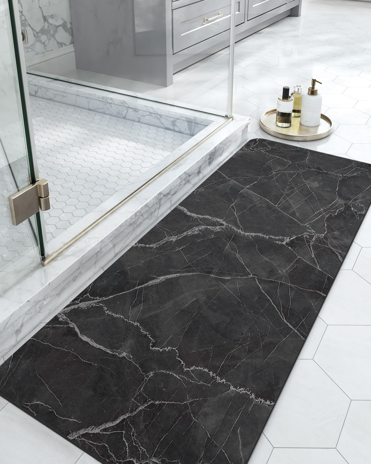 DEXI Bath Mat 17x43, Non Slip Quick Dry Rugs, Super Absorbent Ultra Thin Marble Bathmat, Washable Rubber Mats for Shower Floor, in Front of Bathtub, Sink, Bathroom Accessories Decor, Black
