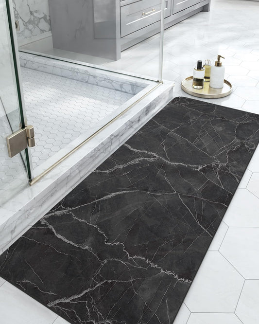 DEXI Bath Mat 17x43, Non Slip Quick Dry Rugs, Super Absorbent Ultra Thin Marble Bathmat, Washable Rubber Mats for Shower Floor, in Front of Bathtub, Sink, Bathroom Accessories Decor, Black