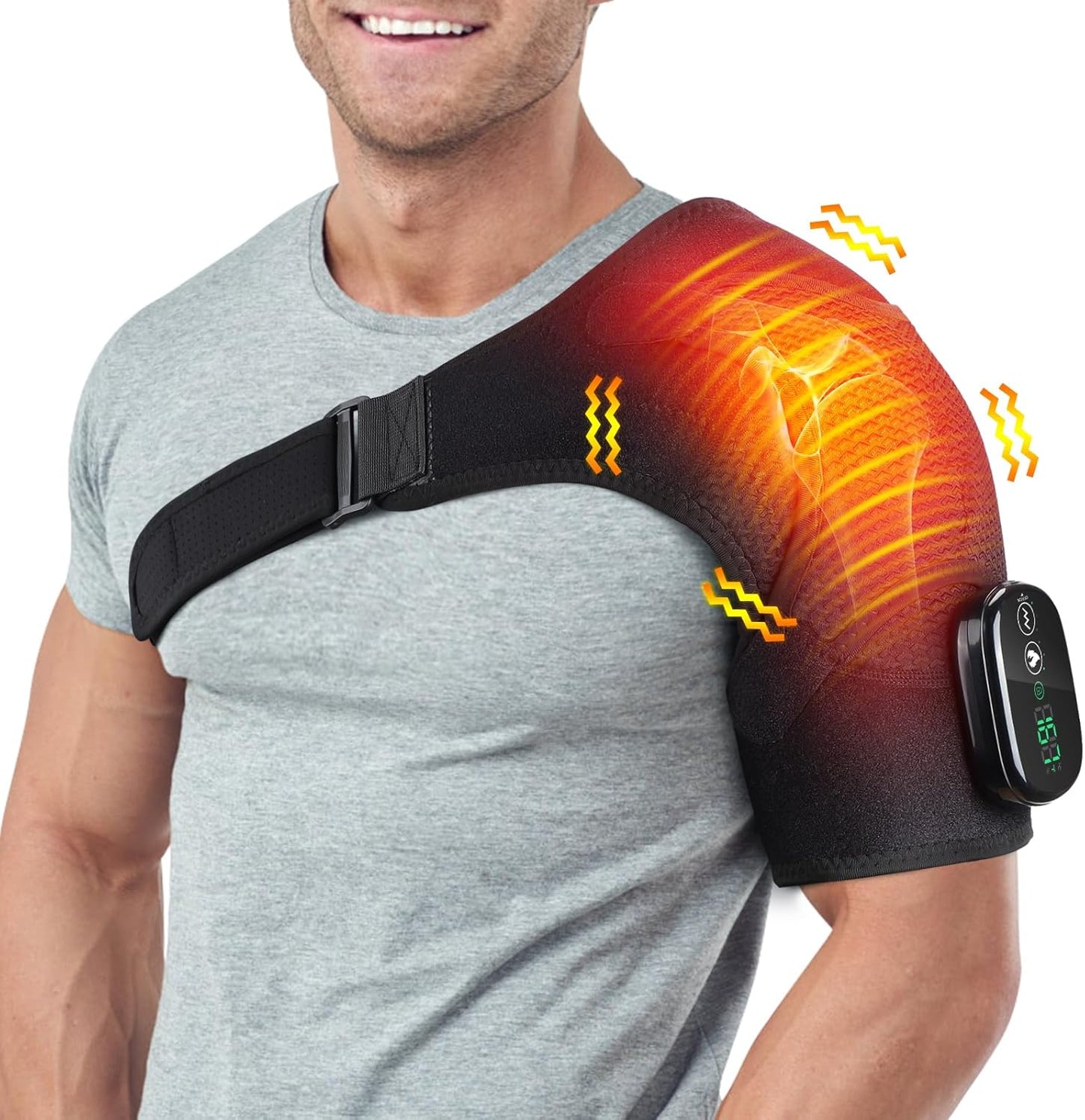 Cordless Heated Shoulder Wrap Massager, Rechargeable Electric Heating Pad for Shoulder Neck with 3 Heat & Vibration Modes, Men & Women (Black)