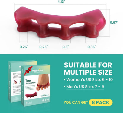 Welnove Toe Separator Bunion Corrector - 8 Pcs Gel Toe Straightener to Restore Hammertoes to Their Original Shape for Women Men, Toe Spacers for Gifts (Deep Red)