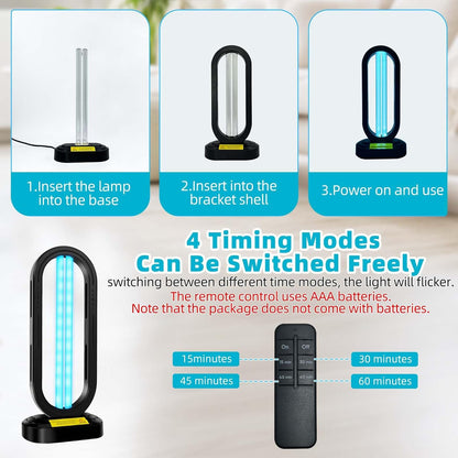 UV Light Sanitizer,4-Speed Timing and Remote Control UVC Home Disinfection Device,Portable Ultraviolet Light Sanitizer for Bed Bugs and Dust Mites,UV Lamp for Whole Room,Black
