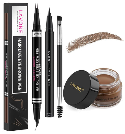 LAVONE Hair-Like Eyebrow Pen Makeup kit, Eyebrow Pencils for Women with Waterproof Microblading Eyebrow Pencil, Eyebrow Pomade, Eyeliner and Eyebrow Brush, Create Full, Natural Brows, Soft Brown