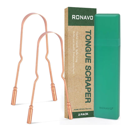 RONAVO Copper Tongue Scraper for Adults (2 Pack), 100% Pure Copper, Naturally Anti-Microbial, Banishes Bad Breath and Maintains Oral Hygiene, Tongue Cleaner with Travel Case, Easy to Use and Clean