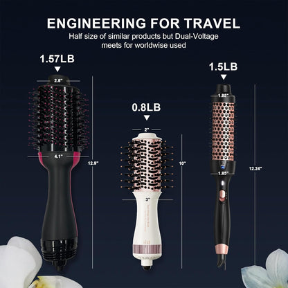 Travel Dual Voltage Hair Dryer Brush 4-IN-1 Portable Mini Hot Air Blow Dryer Straightener & Curler Brush, Titanium Round Blowout Styler Volumizer Tools, 110/240V US/EU/UK Plug for International Travel