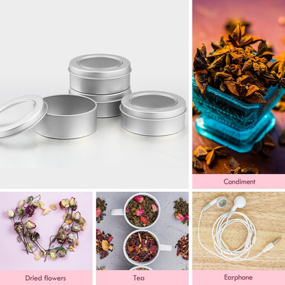 TecUnite 100 Pack 2 Ounce Metal Tin Cans Round Empty Container Salve Tins with Clear Lid for Kitchen, Office, Candles, Candies
