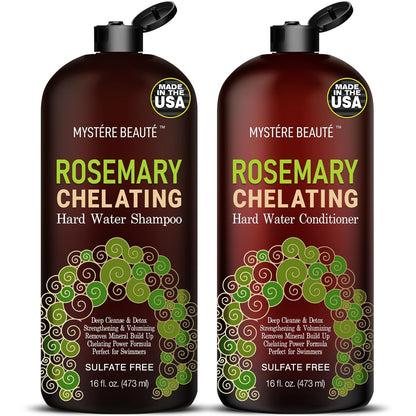 MYSTÈRE BEAUTÉ Rosemary Chelating Shampoo and Conditioner Set – Sulfate Free Hard Water Hair Care with Biotin, Keratin & Tea Tree – Clarifying & Strengthening Duo for Hair Growth – 16 oz Each