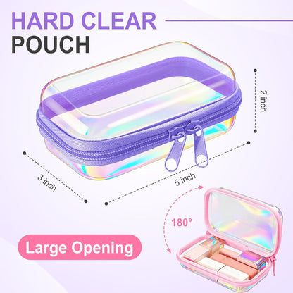 Sanwuta 6 Pcs Clear Hard Zipper Case Pencil Pouches Hard Plastic Zipper Pouches Makeup Bag Transparent Cases for Snacks Plastic Storage Organizer Box for Travel(Holographic,5 x 3 x 2 Inch)