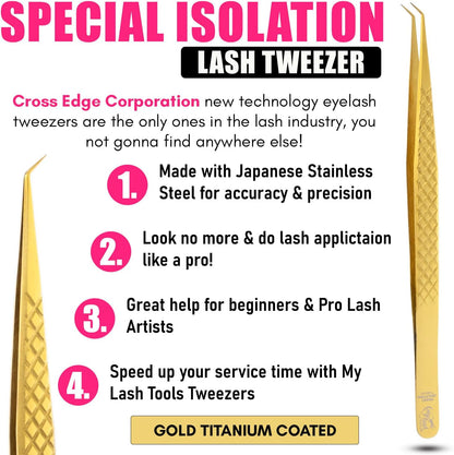 Curved Isolation Tweezers for Lash Extensions – Diamond Grip, Stainless Steel 14cm Best for Individual Isolation & Classic pinzas para pestaña (Gold titanium)