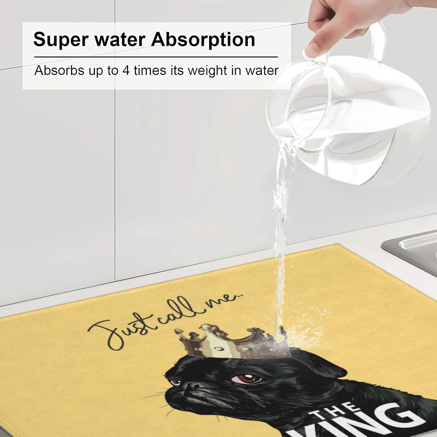 Funny Bulldog Dish Drying Mat for Kitchen Counter Cute Dog Drying Pad 18x24 Inch Yellow Absorbent Reversible Dish Drainer Rack Mats