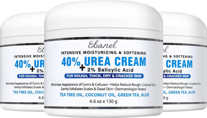 Ebanel Urea Cream 40% plus Salicylic Acid 2%, Foot Cream for Dry Cracked Heels Feet Knees Elbows Hands, Foot Dead Skin Cuticle Callus Remover Toenail Softener, Keratolytic Skin Barrier Repair, 3-Pack