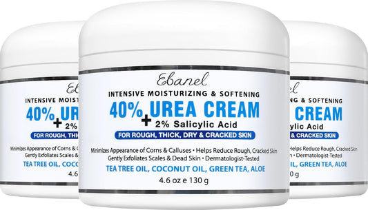Ebanel Urea Cream 40% plus Salicylic Acid 2%, Foot Cream for Dry Cracked Heels Feet Knees Elbows Hands, Foot Dead Skin Cuticle Callus Remover Toenail Softener, Keratolytic Skin Barrier Repair, 3-Pack