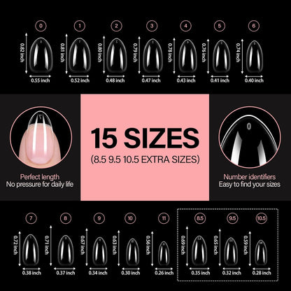 AILLSA Short Almond Nail Tips, 15 Sizes 240PCS Preshaped Soft Clear Gel Nails Tips Full Cover False Nails Tip Short Almond Shaped Tips