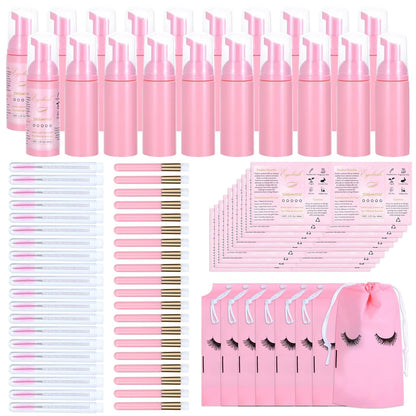 100 Pcs Lash Shampoo Bottle Brushes Set 20 Empty Foam Pump Dispensers 20 Label Stickers 20 Mascara Wands and Tubes 20 Cleansing Brush 20 Bag for Eyelash Extensions Aftercare(Pink)