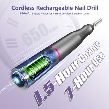 Cordless Nail Drill Electric Rechargeable File Kit, Professional Efile Acrylic Gel Nail Polish Remover Pedicure Manicure Machine Portable Set with 11 Bits 56 Sanding Bands for Salon Home Gray