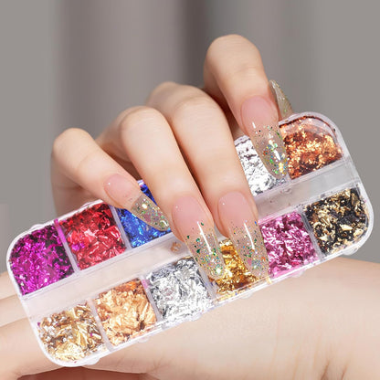 12 Grids Nail Art Foil Flake Glitter 3D Glitter Decoration Acrylic Nail Art Supplies Sequin Flakes Glitters Sticker Decoration Kit for Women Manicure Face Body DIY Decoration