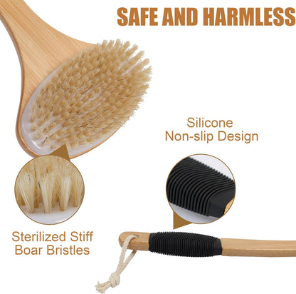 OWIIZI Back Scrub Brush for Shower,Stiff Boar Bristles Bamboo Curved Long Handle Antiskid Body Bath Brush for Back Use Wet or Dry,Deep Cleanse Large Surface Back Scrubber