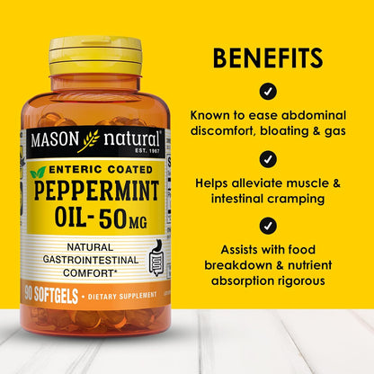 MASON NATURAL Peppermint Oil 50 mg Enteric Coated Supplement, 90 Day Supply of Gastrointestinal Support for Normally Functioning Bowel, Softgel Pills