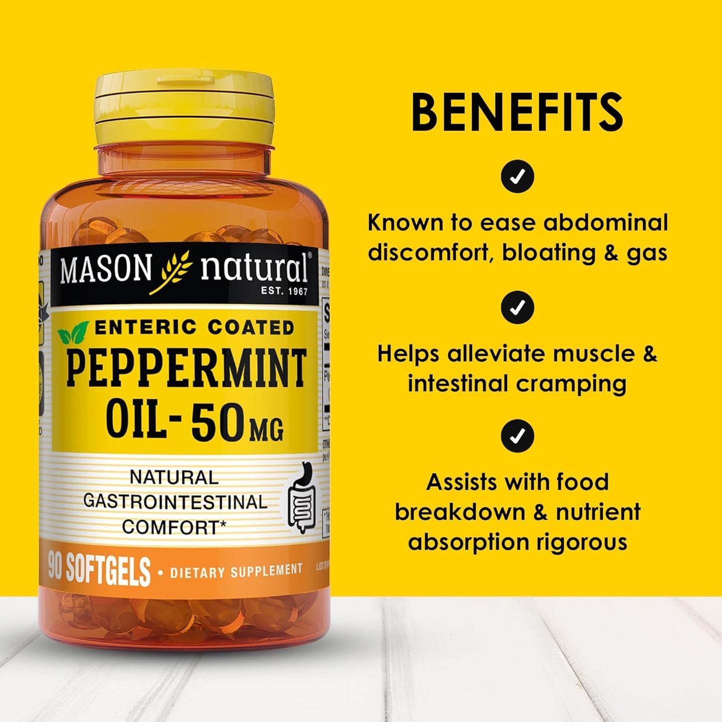 MASON NATURAL Peppermint Oil 50 mg Enteric Coated Supplement, 270 Day Supply of Gastrointestinal Support for Normally Functioning Bowel, Softgel Pills