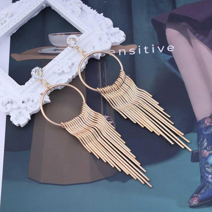 Boho Circle Bar Drop Earrings Hollow Circle Dangle Earrings Gold Chain Tassel Earrings Long Metal Tassel Earrings Jewelry for Women