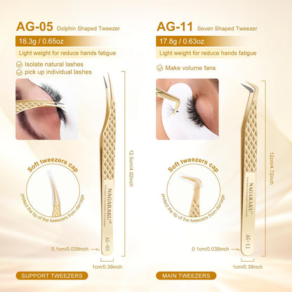 NAGARAKU Eyelash Tweezers, 1 Pair Precision Micro Fiber Tip Tweezer for Lash Extensions Volume Tweezers Antistatic Curved Tip Stainless Steel with Box -Dolphin & Seven Shaped Tweezers AG-05 & AG-011