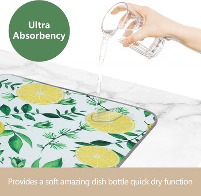 SHIYUE Dish Drying Mat for Kitchen Counter Super Absorbent Spring Kitchen Decor Microfiber Drying Matainers Rack Fast Pad Dish Drainer Mats(Yellow Lemon Green Leaves,18''x24'')