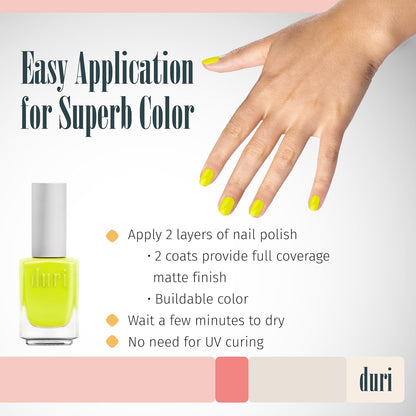 duri 158N Atomic - Neon Yellow Nail Polish, Mate Finish, Quick Drying, 0.45 Fl Oz