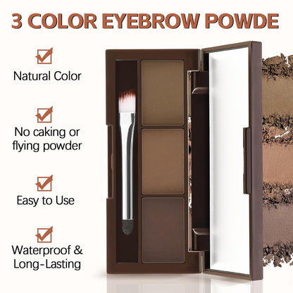 3 Colors Eyebrow Powder Set, Brow Powder Makeup Palette, Defining and Sculpting Brows, Waterproof Eye Contour Kit with Brush Applicator
