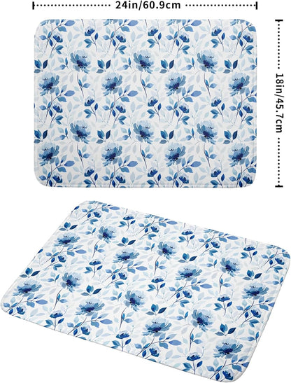 Blue Floral Dish Drying Mat 18x24 inch Flower Leaves Dish Rack Pad Microfiber Washable Dishes Drainer Pad Kitchen Countertop Accessories