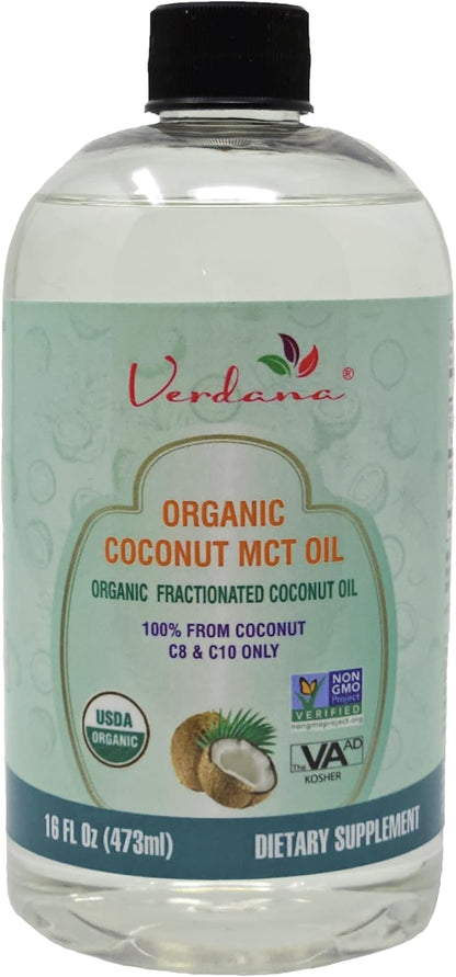 Verdana USDA Certified Organic Coconut MCT Oil – Fractionated Coconut Oil – No Palm Kernel Used – Kosher, Food Grade, Non-GMO – Great for Keto and Paleo Diets, Oil Pulling Rinse Mouthwash – 16 Fl Oz