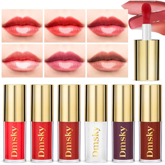 Dmsky Hydrating Lip Gloss Set 6 Pack, Tinted Lip Oil For A High-shine Finish, Nourishing Lip Plumper Gloss with Vitamin E, Non-Sticky and Vegan Color Lip Glow Oil