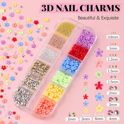 3D Flowers for Nails, Colorful Acrylic Flower Nail Charms with Caviar Beads, Flat Back Glass Crystal AB + Clear Gemstones Round Gems Rhinestones for Nails & Acrylic Nails with Dotting Tools