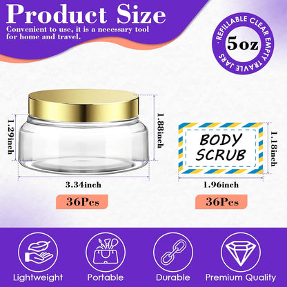 36 Pack 5 oz Plastic Cosmetic Containers With Lids Refillable Clear Empty Travle Jars Containers for Body Butter,Sugar Scrubs,Cream,Lotions,Candy, Waterproof Label&Spatulas - (Clear Lid)