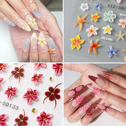 Cute Flowers Nail Art Stickers 5D Embossed Flower Nail Decals with Rhinestones Design Nail Stickers Self-Adhesive Colorful Floral Starfish Nail Decal French Sticker for Women Summer Hawaii Nails Decor