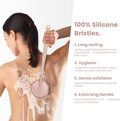 iTokGoK® Silver-Infused Silicone Back Scrubber with Long Handle Back Brush for Shower,Back Brush Long Handle for Men and Women,Ergonomic No-Slip Handle, Long-Lasting (Sand Pink)