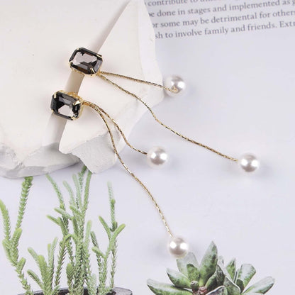Vintage Black Crystal Pearl Drop Earrings Gold Long Tassel Pearl Earrings Rhinestone Pearl Chain Earrings Black Square Crystal Earrings Jewelry for Women