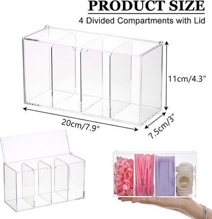 ELLDOO Lash Extension Organizer Box with Lid, Acrylic Eyelash Supplies Organizer Storage Box, 4 Compartments Bathroom Supplies Storage Container for Cotton Swabs, Balls, Pads, Floss Picks
