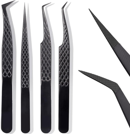Fiber Tip Lash Tweezers For Eyelash Extension 4 Pcs Tweezers Professional Artist Tech Work Kit Tools,Best Volume Eyelash Lashes Extensions Precision Volume Boot 90 45 Degree(Titanium black)