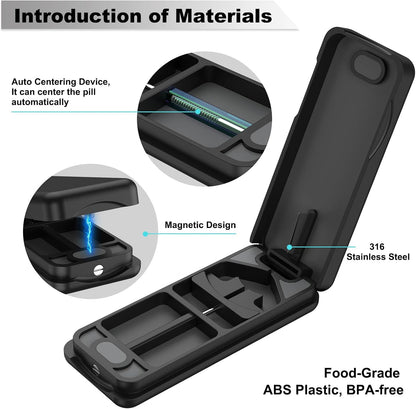 Pill Cutter with Auto Centering Device, Aluminum Pill Splitter with 316L Stainless Blade, Genuine Leather Case, Professional Pill Splitter for Cutting (Plastic,Black)