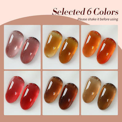 Born Pretty Fall Winter Jelly Gel Nail Polish Amber Crystal Transparent Brown Orange Red Gel Polish Nail Art Manicure DIY at Home and Salon 6PCS 7ML