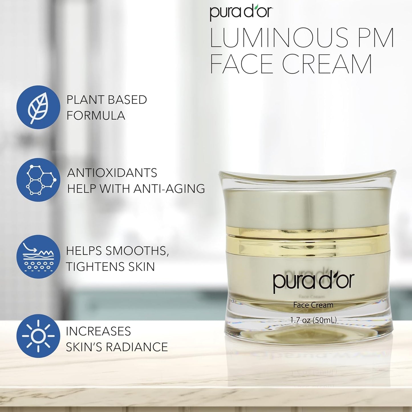 PURA D'OR 1.7 Oz Luminous PM Face Cream - Methylene Blue, Marine Collagen, Retinol, Peptides, Apple Stem Cell Extract - Anti-Aging Nighttime Moisturizer - Overnight Facial Treatment For Women & Men