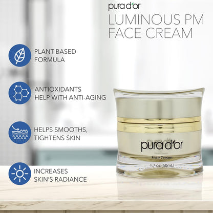 PURA D'OR 1.7 Oz Luminous PM Face Cream - Methylene Blue, Marine Collagen, Retinol, Peptides, Apple Stem Cell Extract - Anti-Aging Nighttime Moisturizer - Overnight Facial Treatment For Women & Men