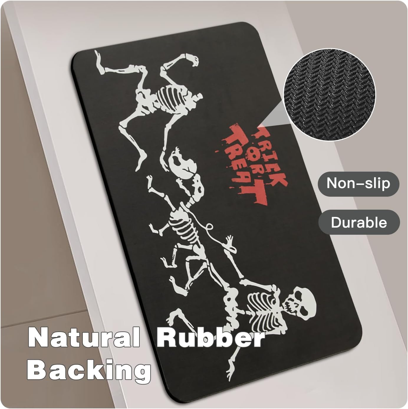 Halloween Bath Mat, Thin Halloween Bathroom Rug Non Slip Quick Dry Skeleton Bath Mat Fits Under Door Thin Floor Mat Halloween Decor, 24''x36'', Skull Treat or Trick Black