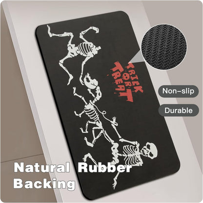 Halloween Bath Mat, Thin Halloween Bathroom Rug Non Slip Quick Dry Skeleton Bath Mat Fits Under Door Thin Floor Mat Halloween Decor, 17''x30'', Skull Treat or Trick Black