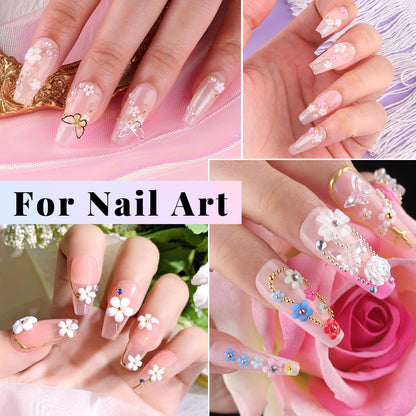3D Flowers Manicure Gems with Nail Rhinestone Glue Gel, Colorful Acrylic Flower Nail Charms with Caviar Beads, Rhinestones and Gem Glue for Nails (UV/LED Needed) with Pickup & Dotting Tools