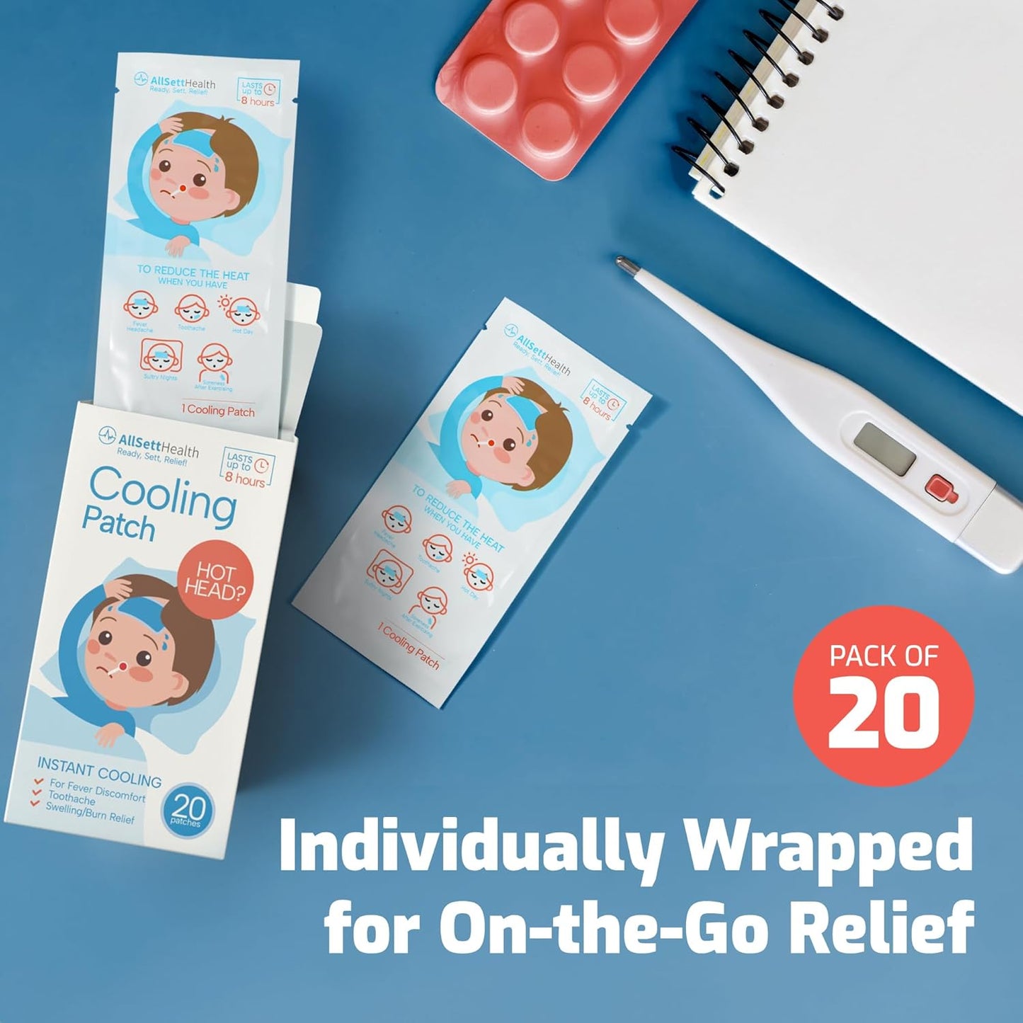 Cooling Patches for Kids - Fever Patch for Kids, Mint Extract - 20 Individually Wrapped Cold Stickers -Baby Pad, Forehead, Reducer Headache Patches -Fun Design