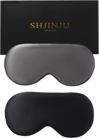 2-Pack 100% Real Natural Silk Eye Mask, Silk Sleeping Mask, Shade Puffy Eye Gift with Adjustable Straps, Sleep Eye Mask, SHJINJU Eye Mask Shade (Black and Dark Grey)