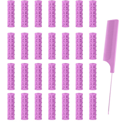 28PCS Self Grip Small Hair Rollers Set, 0.6in Plastic No Heat Roller Hair Curlers with Comb Heatless Clips for Short Fine Thin Hair(Purple)