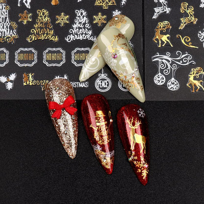 9 Sheets Christmas Nail Art Stickers Decals Self-Adhesive Pegatinas Uñas Gold White Nail Supplies Nail Art Design Decoration Accessories