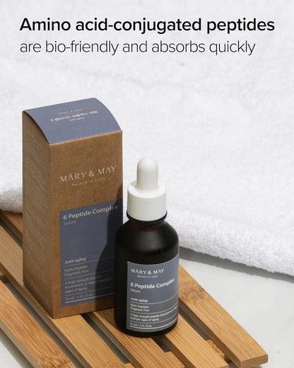 Mary&May 6 Peptide Complex Serum - Advanced Wrinkle Improvement with Firming and Lifting Effects - Korean Skincare - Fragrance Free, Hypoallergenic, Quick Absorbing, 1.01oz.