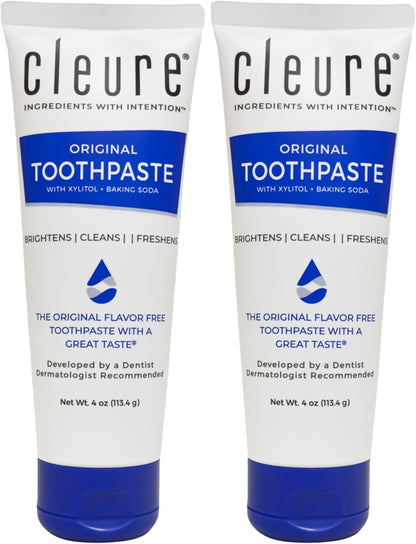 Cleure Original No Fluoride Toothpaste - SLS Free, Mint Free - with Xylitol for Fresh Breath & Helps Whiten - for Kids & Adults - Flavor Free (4oz Tube, Pack of 2)